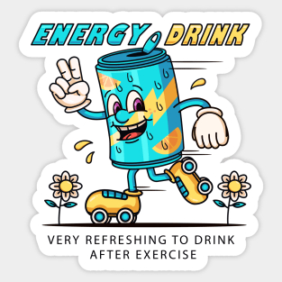 Energy drinks. Cartoon mascots, drink cans playing roller skates Sticker